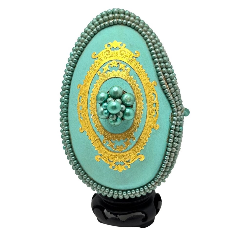 Goose Egg Vintage Jewelry Keepsake Trinket Gift Box Teal Pearls Easter Christ
